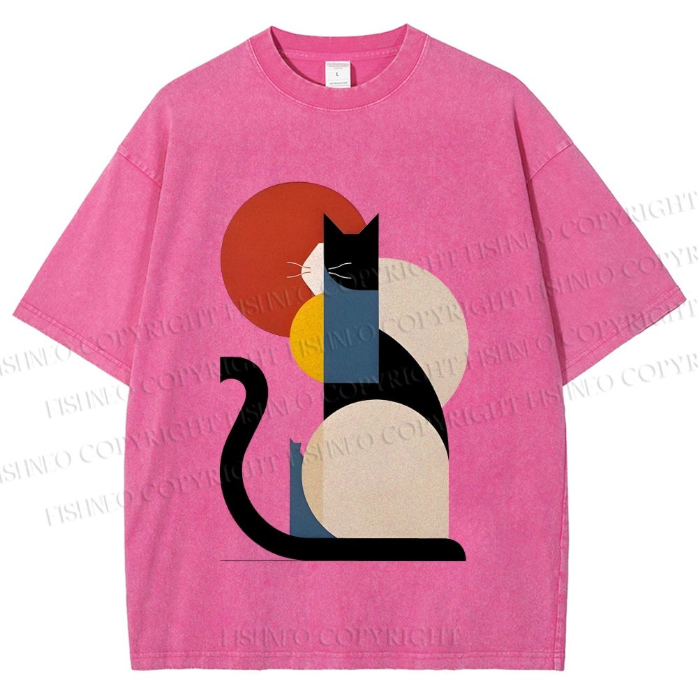 Unisex Colorful Geometric Cat Printed Washed Tee