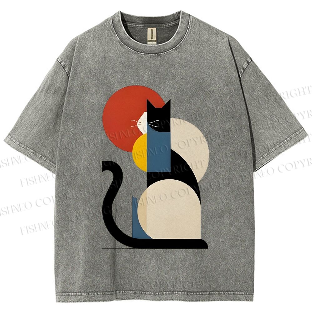 Unisex Colorful Geometric Cat Printed Washed Tee