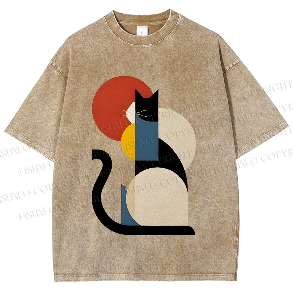 Unisex Colorful Geometric Cat Printed Washed Tee