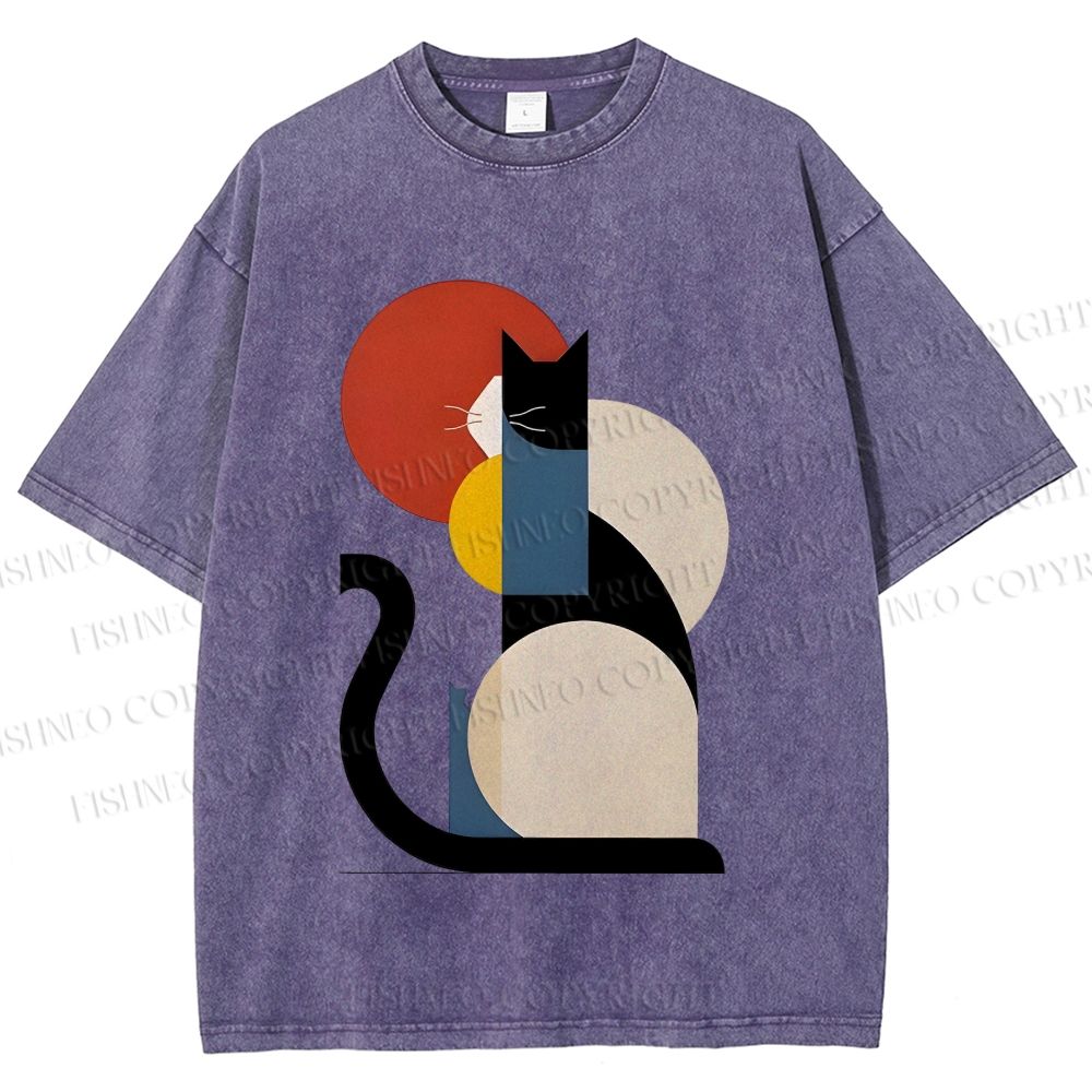 Unisex Colorful Geometric Cat Printed Washed Tee