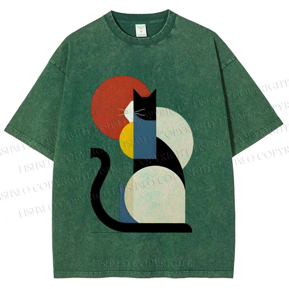 Unisex Colorful Geometric Cat Printed Washed Tee