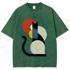 Unisex Colorful Geometric Cat Printed Washed Tee
