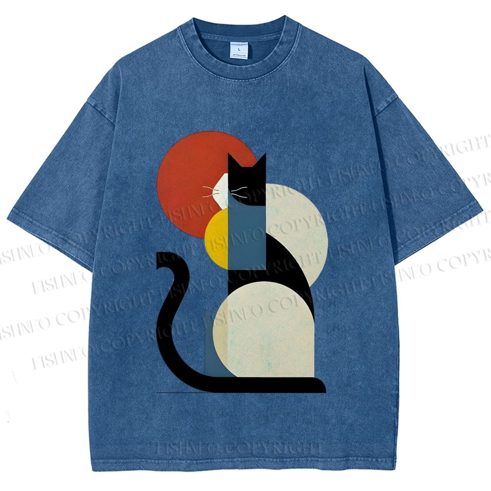 Unisex Colorful Geometric Cat Printed Washed Tee