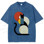Unisex Colorful Geometric Cat Printed Washed Tee