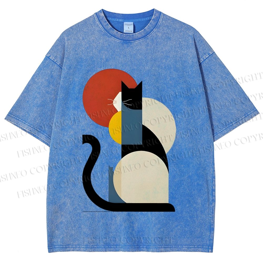 Unisex Colorful Geometric Cat Printed Washed Tee