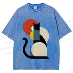 Unisex Colorful Geometric Cat Printed Washed Tee