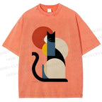 Unisex Colorful Geometric Cat Printed Washed Tee