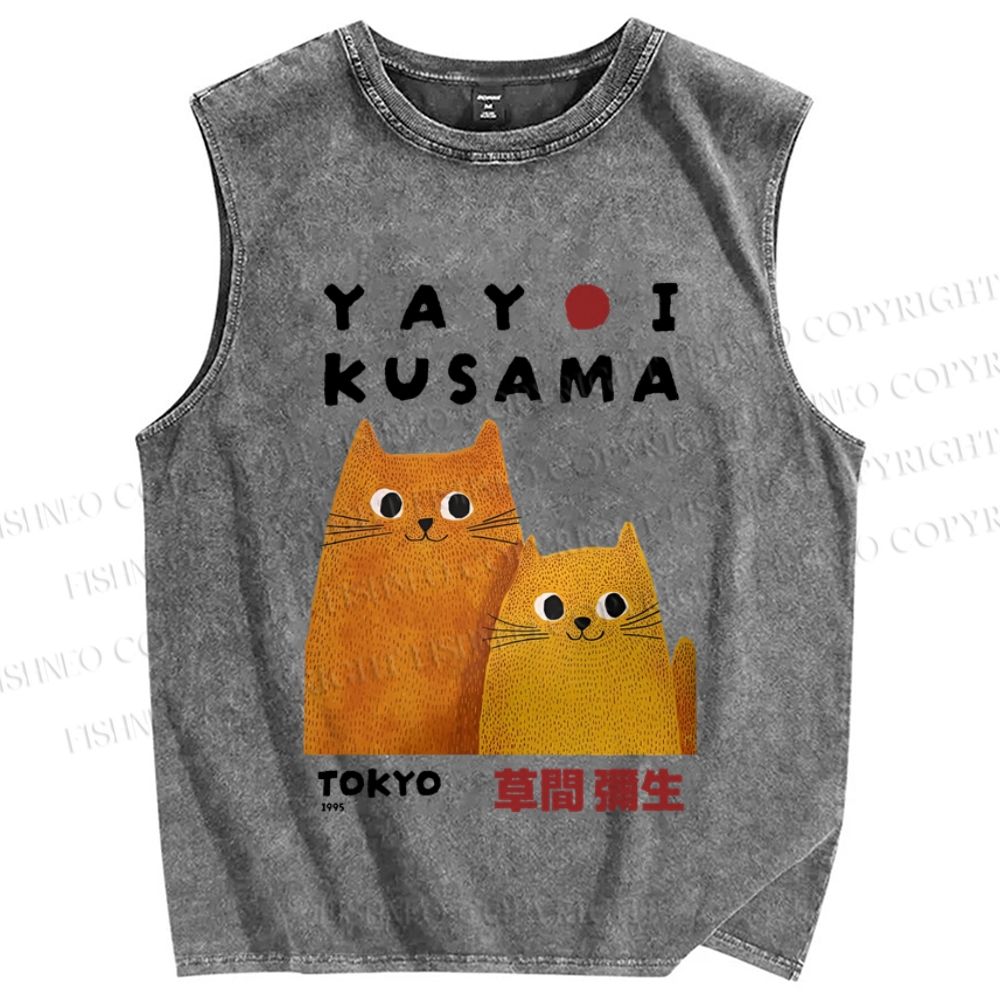 Unisex Yayoi Kusama Yellow Cats Printed Washed Tank Top