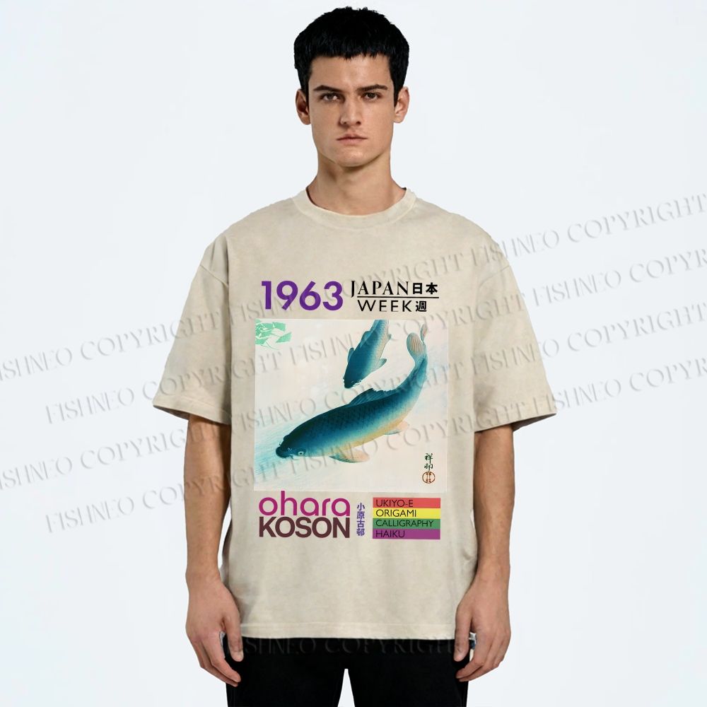 Unisex Blue Koi Fish Japan Week Printed Washed Tee