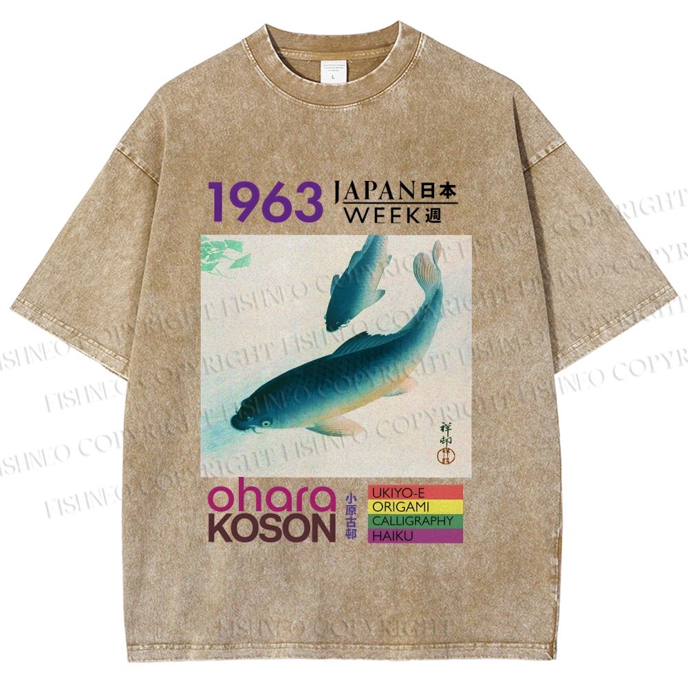 Unisex Blue Koi Fish Japan Week Printed Washed Tee