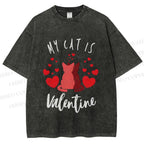 Unisex My Cat Is Valentine Printed Washed Tee