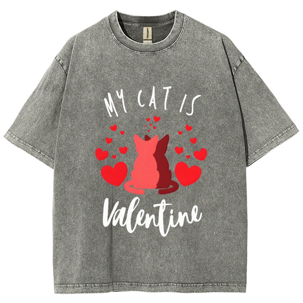 Unisex My Cat Is Valentine Printed Washed Tee
