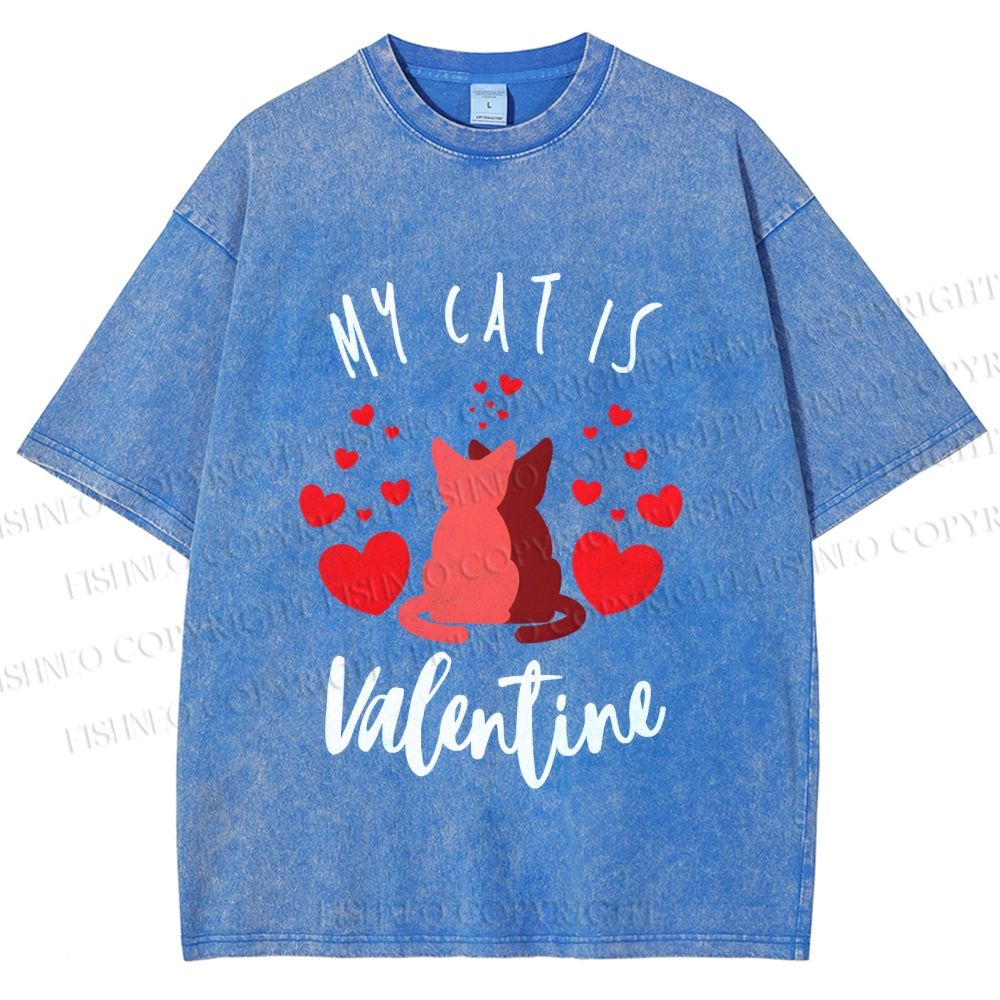 Unisex My Cat Is Valentine Printed Washed Tee