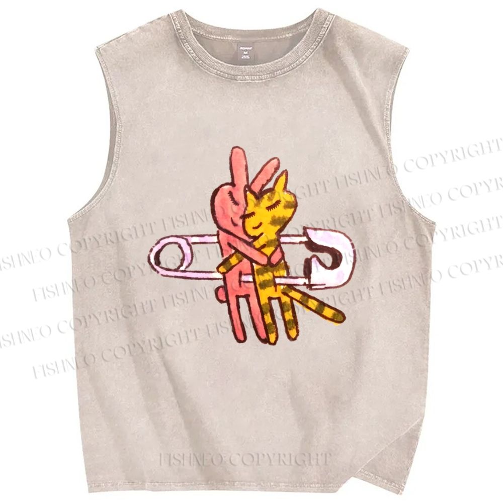 Unisex Hugging Cats And Rabbits Printed Washed Tank Top