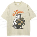 Unisex Vintage Cat Holding Flowers Printed Washed Tee