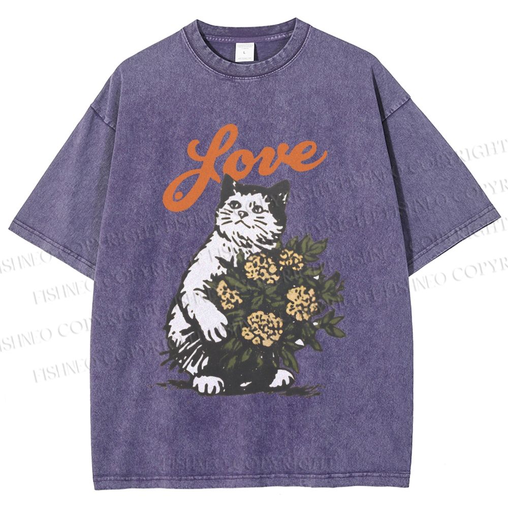 Unisex Vintage Cat Holding Flowers Printed Washed Tee
