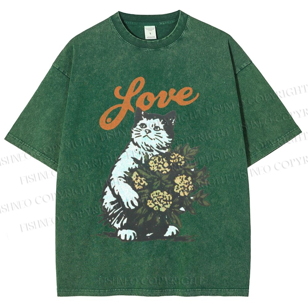 Unisex Vintage Cat Holding Flowers Printed Washed Tee