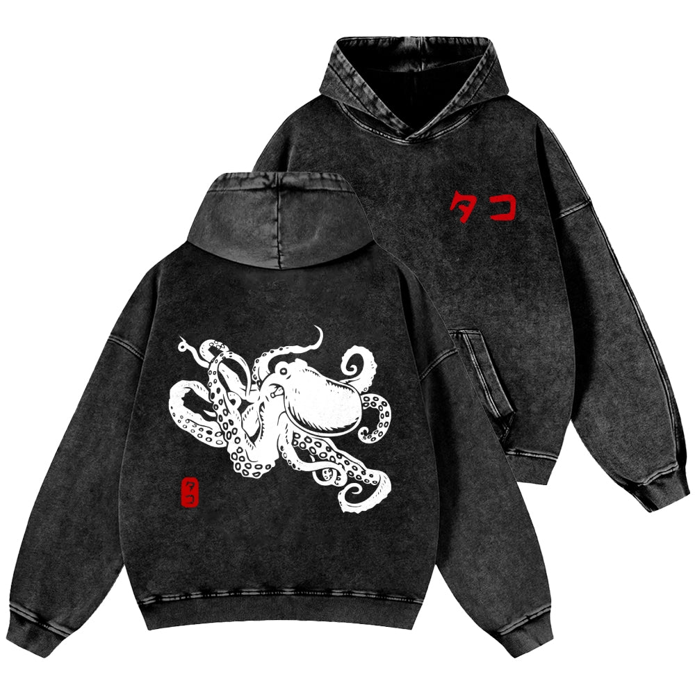 Octopus Vintage Washed Cotton Back Art Hoodie