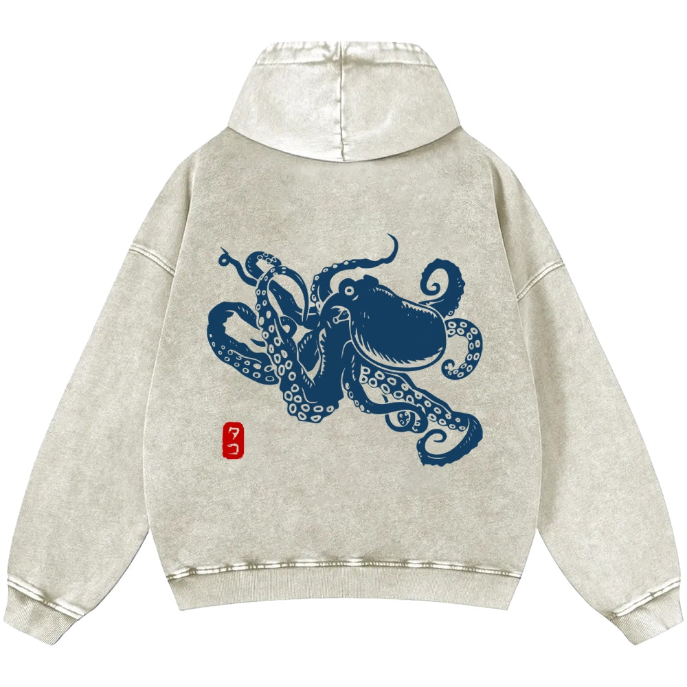 Octopus Vintage Washed Cotton Back Art Hoodie