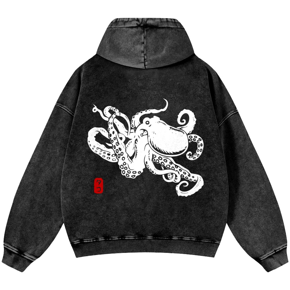Octopus Vintage Washed Cotton Back Art Hoodie