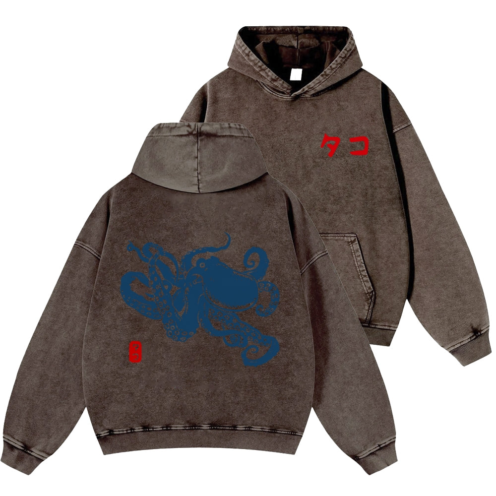 Octopus Vintage Washed Cotton Back Art Hoodie