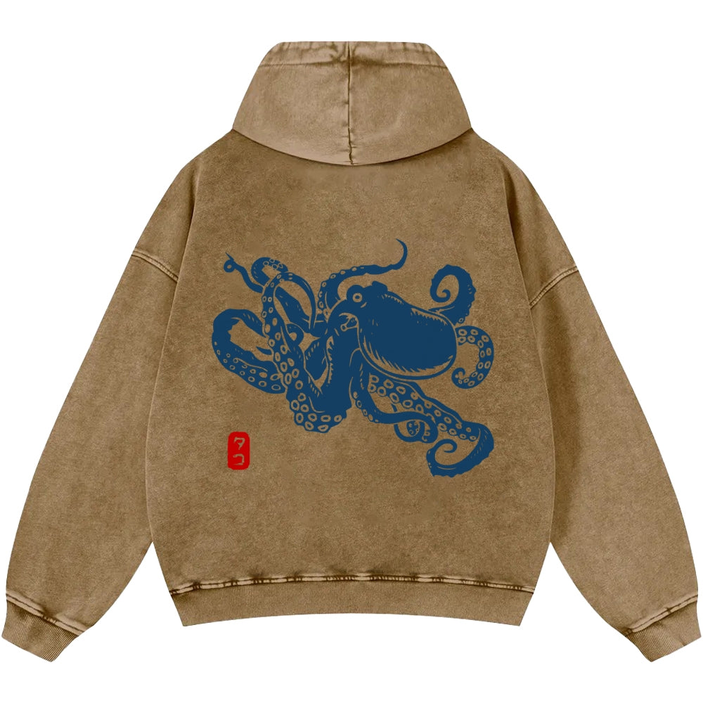 Octopus Vintage Washed Cotton Back Art Hoodie