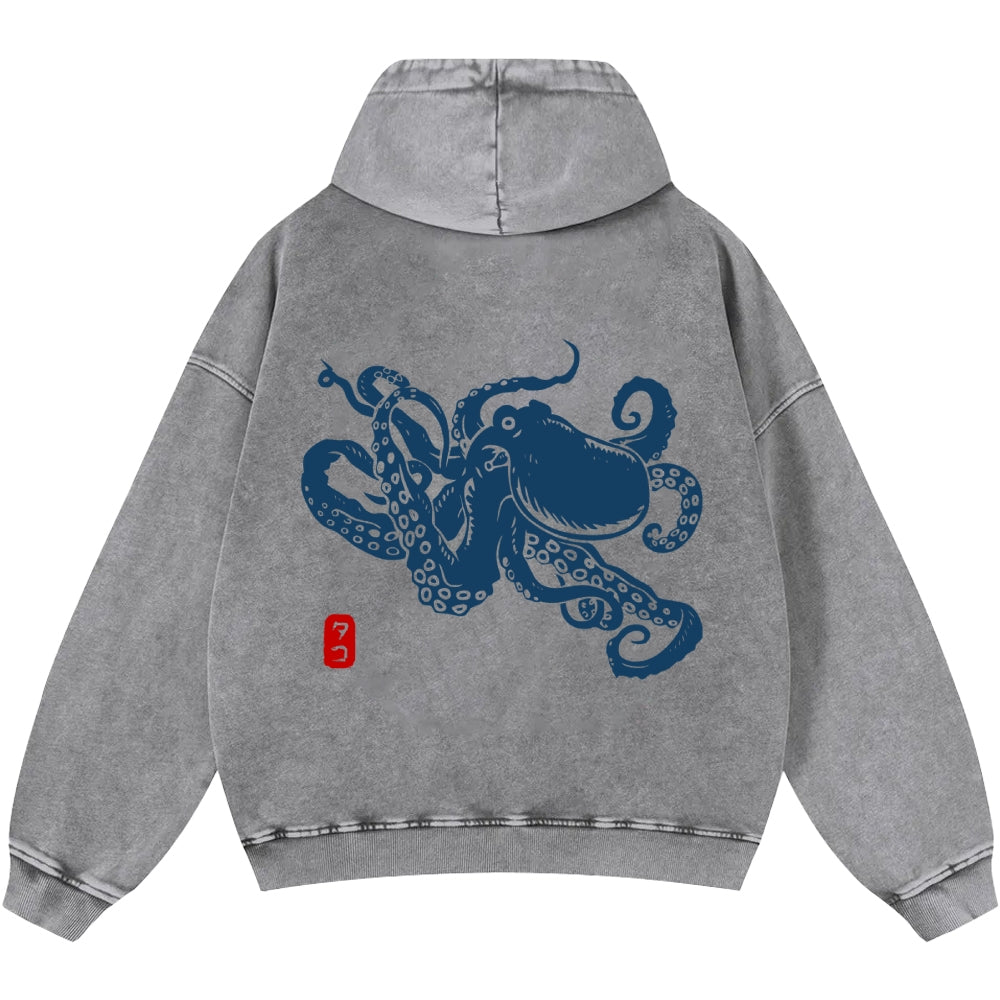 Octopus Vintage Washed Cotton Back Art Hoodie