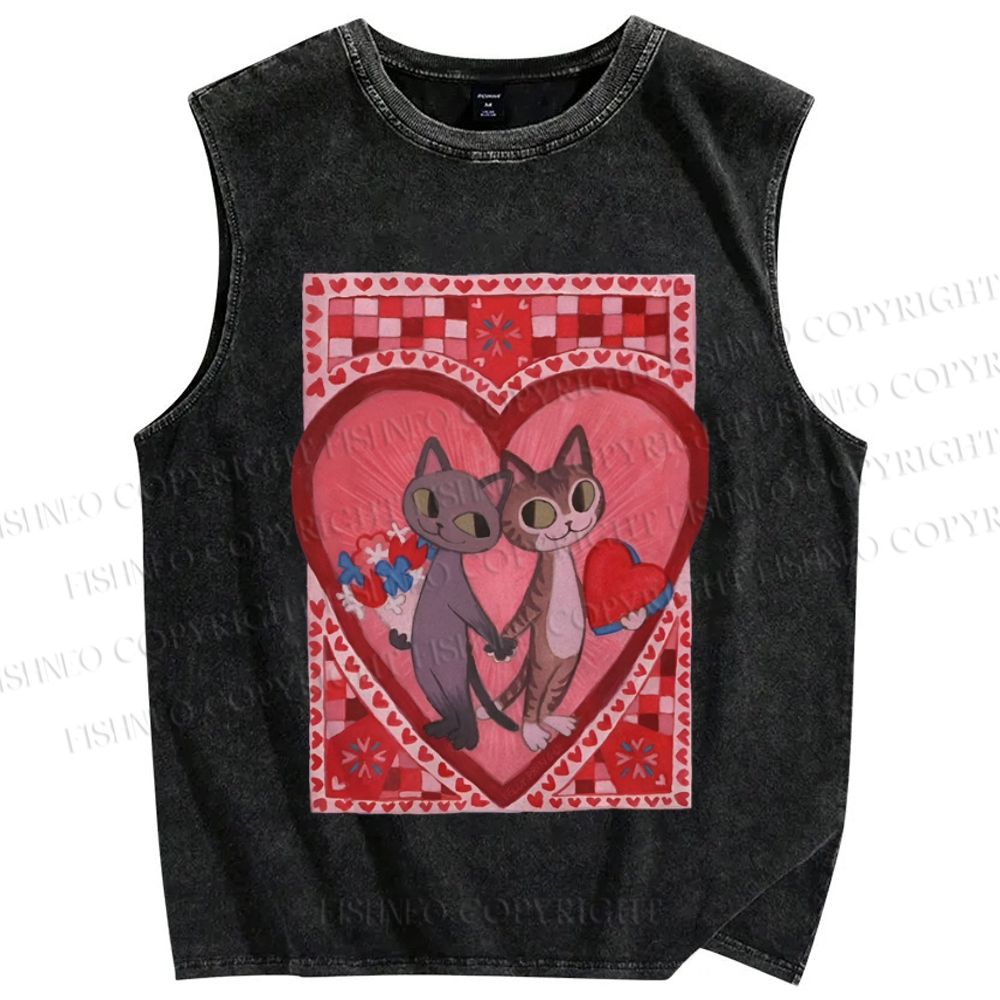 Unisex Cats in Love Printed Washed Tank Top