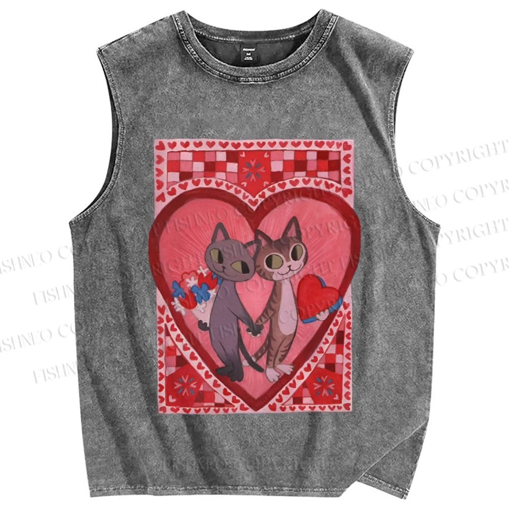 Unisex Cats in Love Printed Washed Tank Top