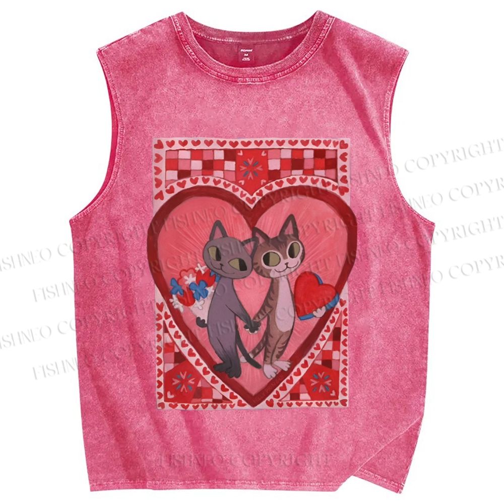 Unisex Cats in Love Printed Washed Tank Top