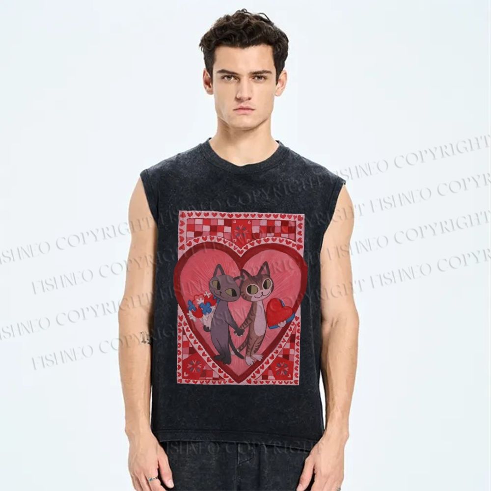 Unisex Cats in Love Printed Washed Tank Top