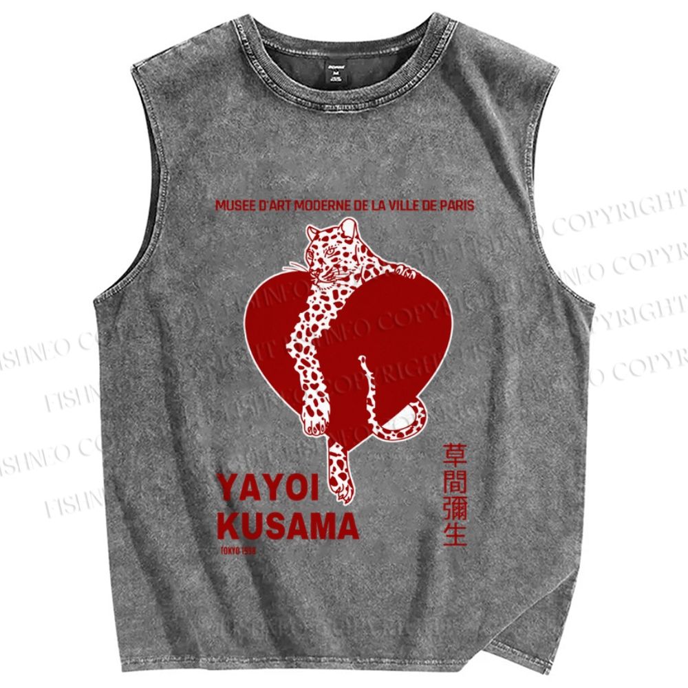 Unisex Yayoi Kusama Panther With Heart Printed Washed Tank Top