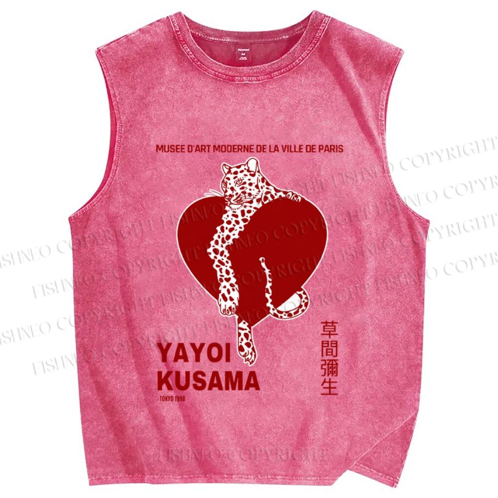 Unisex Yayoi Kusama Panther With Heart Printed Washed Tank Top