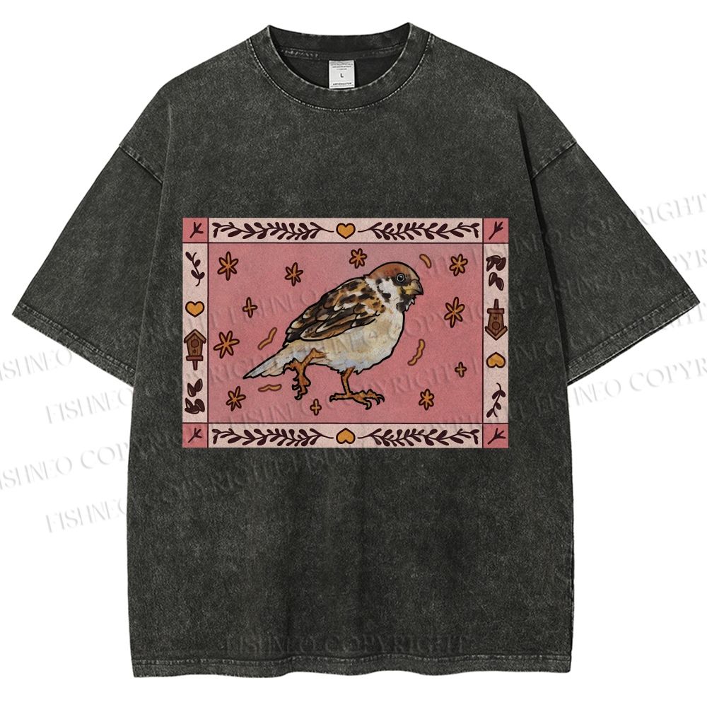 Unisex Cute Bird Printed Washed Tee