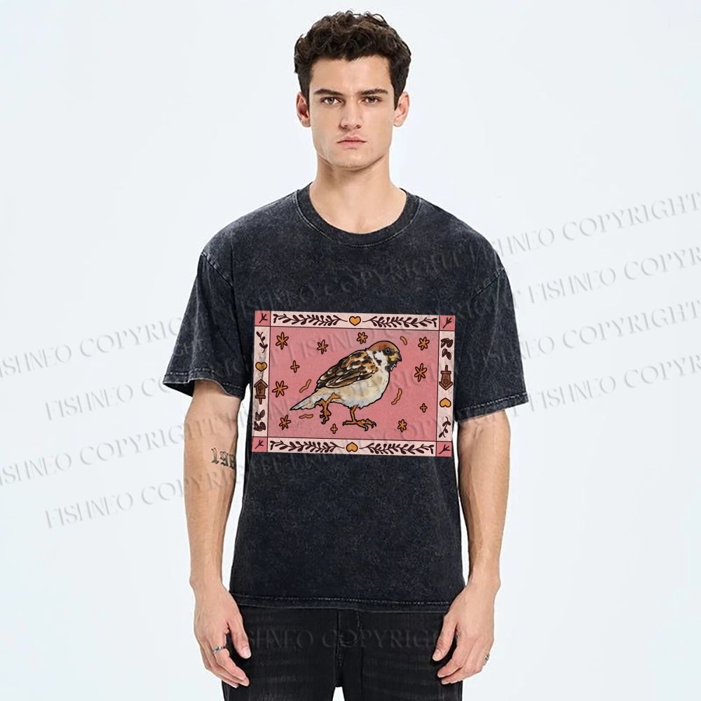 Unisex Cute Bird Printed Washed Tee