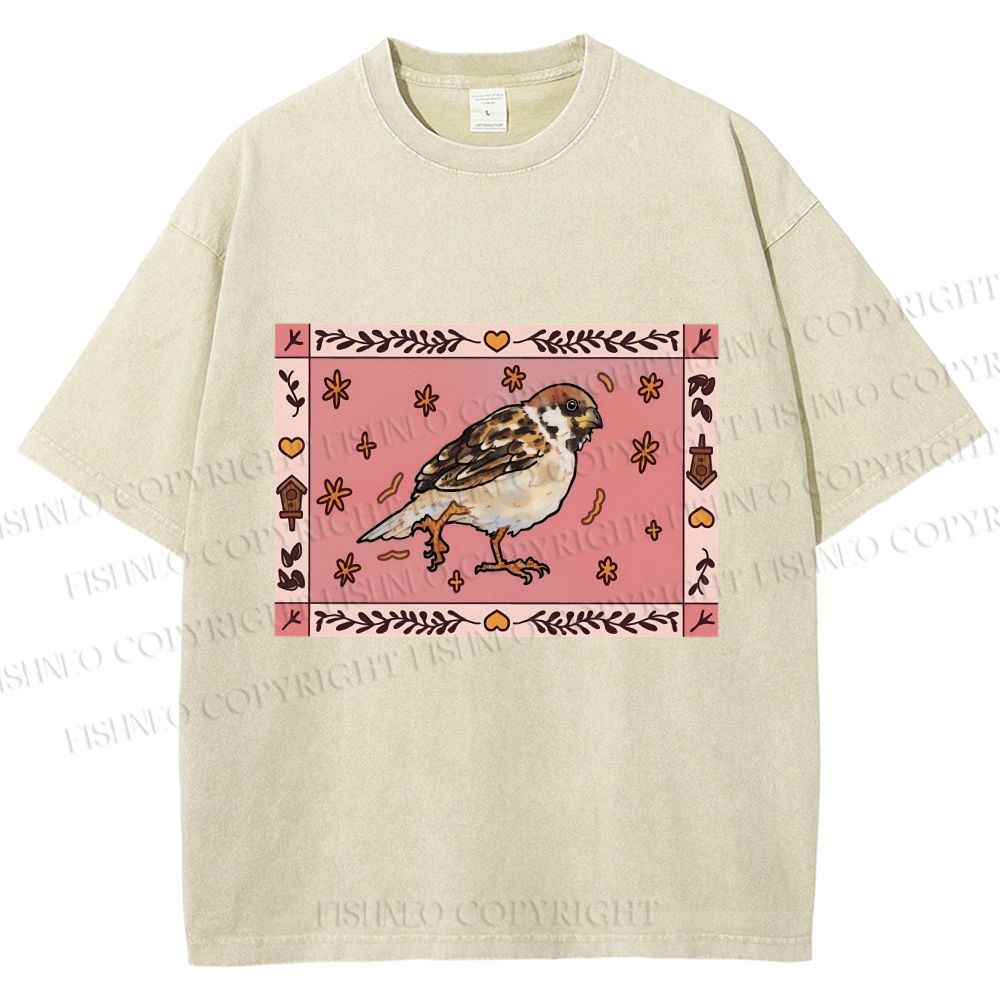 Unisex Cute Bird Printed Washed Tee
