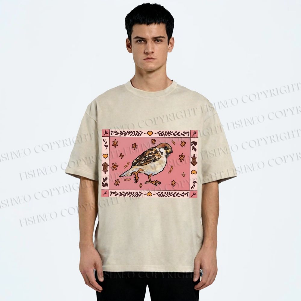 Unisex Cute Bird Printed Washed Tee
