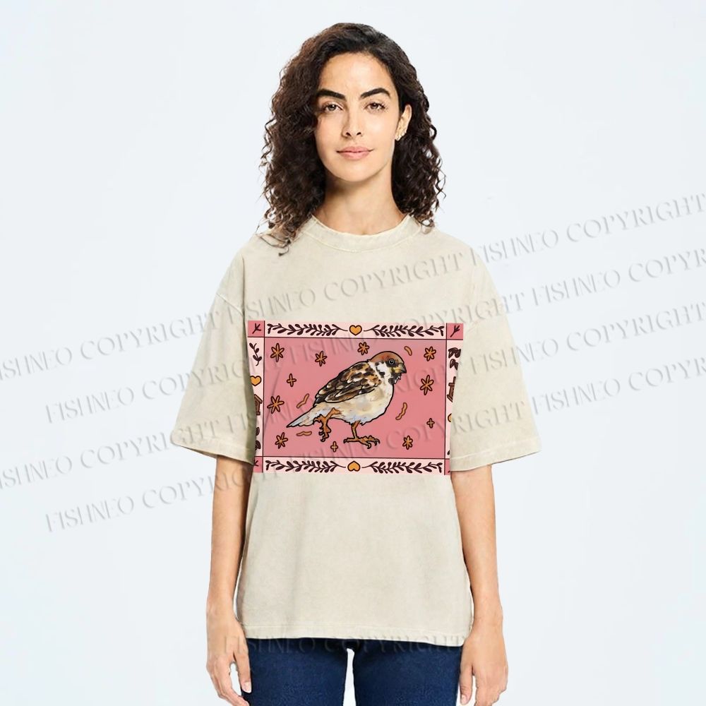 Unisex Cute Bird Printed Washed Tee