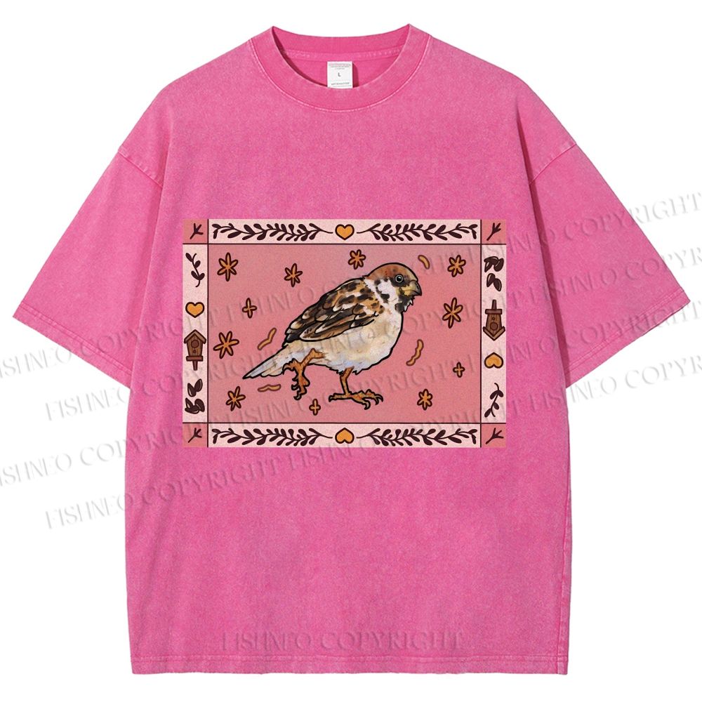 Unisex Cute Bird Printed Washed Tee