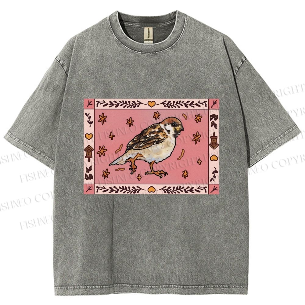 Unisex Cute Bird Printed Washed Tee