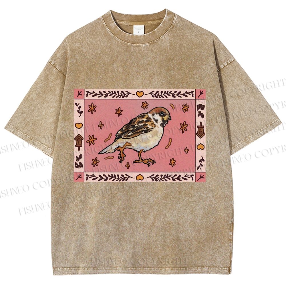 Unisex Cute Bird Printed Washed Tee