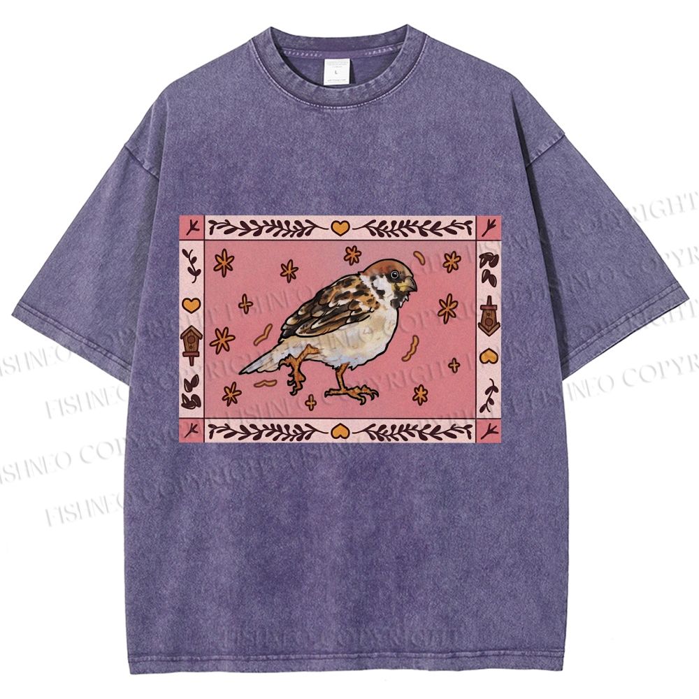 Unisex Cute Bird Printed Washed Tee