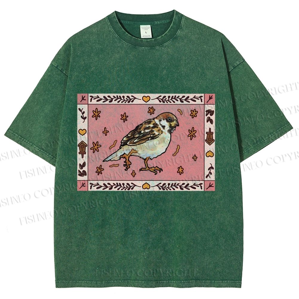 Unisex Cute Bird Printed Washed Tee
