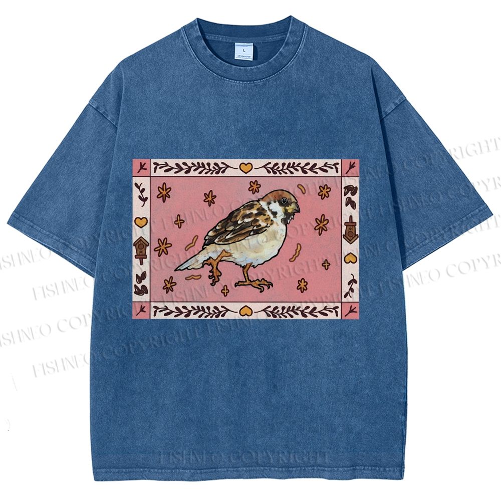 Unisex Cute Bird Printed Washed Tee