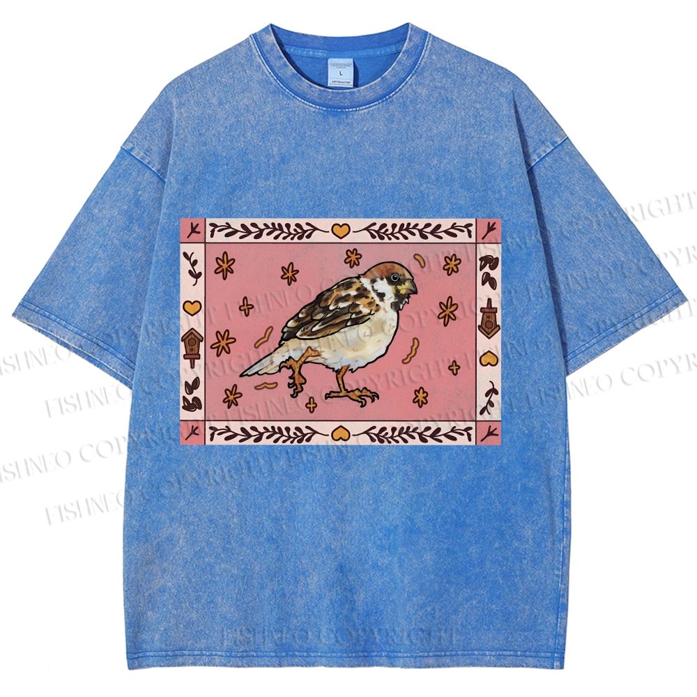 Unisex Cute Bird Printed Washed Tee