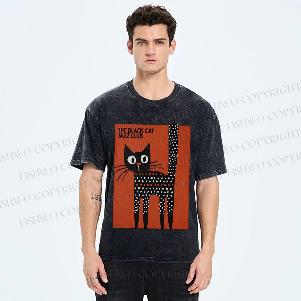 Unisex Black Cat Jazz Club Printed Washed Tee