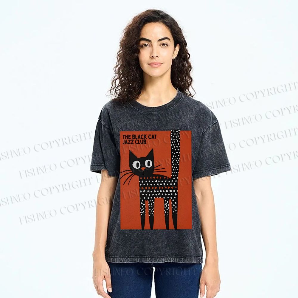 Unisex Black Cat Jazz Club Printed Washed Tee