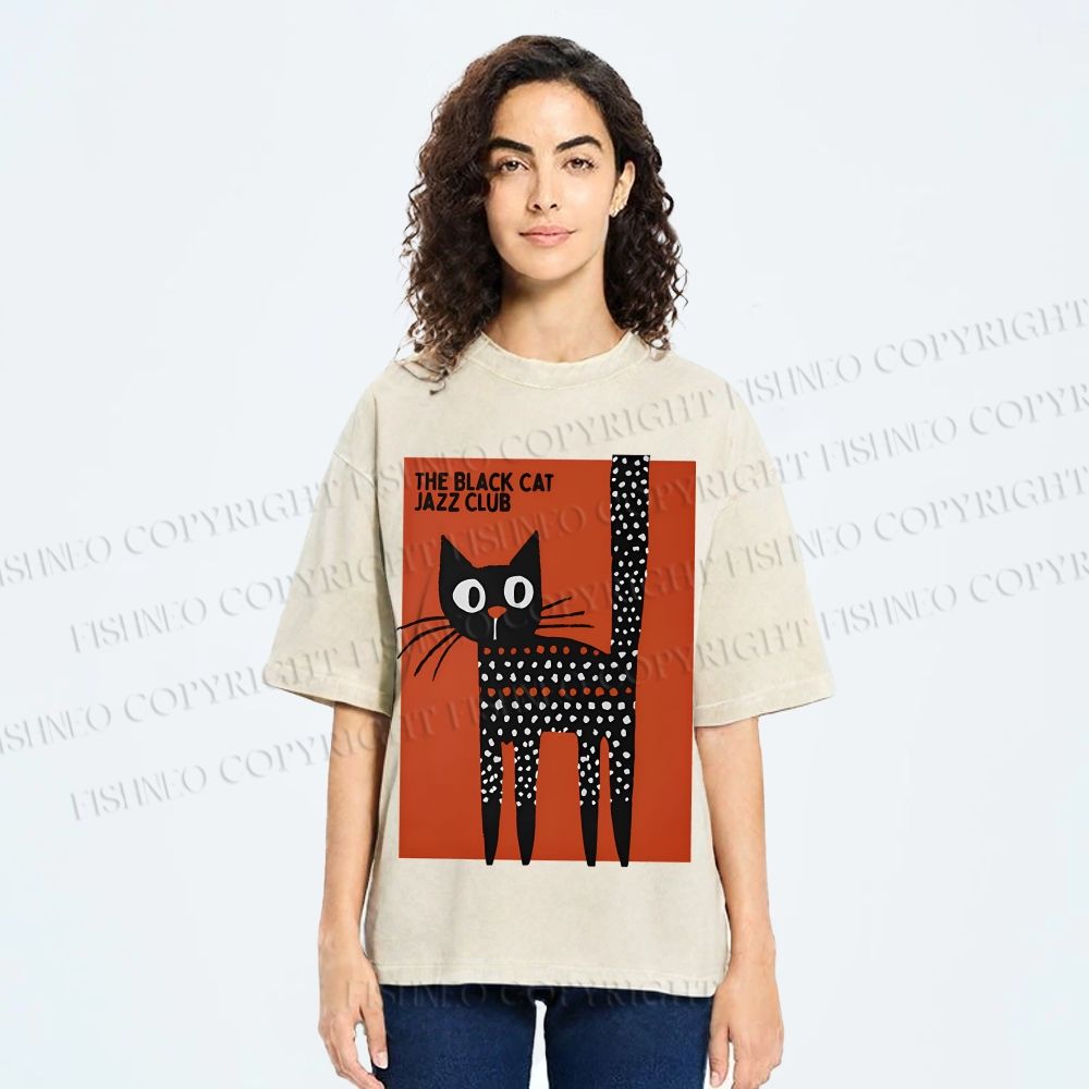 Unisex Black Cat Jazz Club Printed Washed Tee