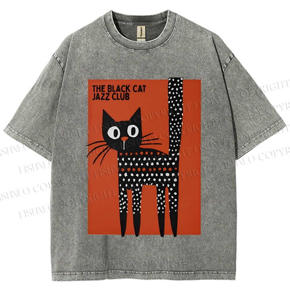 Unisex Black Cat Jazz Club Printed Washed Tee