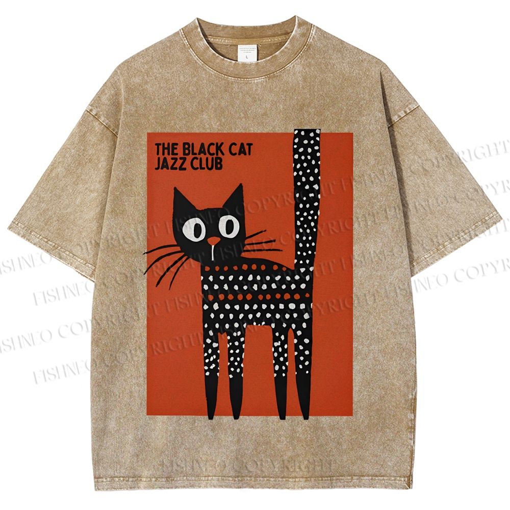 Unisex Black Cat Jazz Club Printed Washed Tee